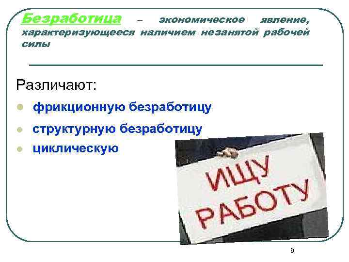 Безработица – экономическое явление, характеризующееся наличием незанятой рабочей силы Различают: l l l фрикционную