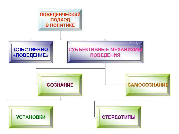 ПОВЕДЕНЧЕСКИЙ ПОДХОД В ПОЛИТИКЕ СОБСТВЕННО «ПОВЕДЕНИЕ» СУБЪЕКТИВНЫЕ МЕХАНИЗМЫ ПОВЕДЕНИЯ СОЗНАНИЕ УСТАНОВКИ САМОСОЗНАНИЕ СТЕРЕОТИПЫ 