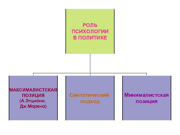 РОЛЬ ПСИХОЛОГИИ В ПОЛИТИКЕ МАКСИМАЛИСТСКАЯ ПОЗИЦИЯ (А. Этциони, Дж. Морено) Синтетический подход Минималистская позиция