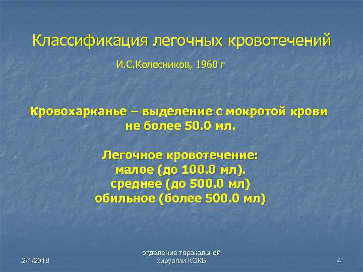 Классификация легочных кровотечений И. С. Колесников, 1960 г Кровохарканье – выделение с мокротой крови