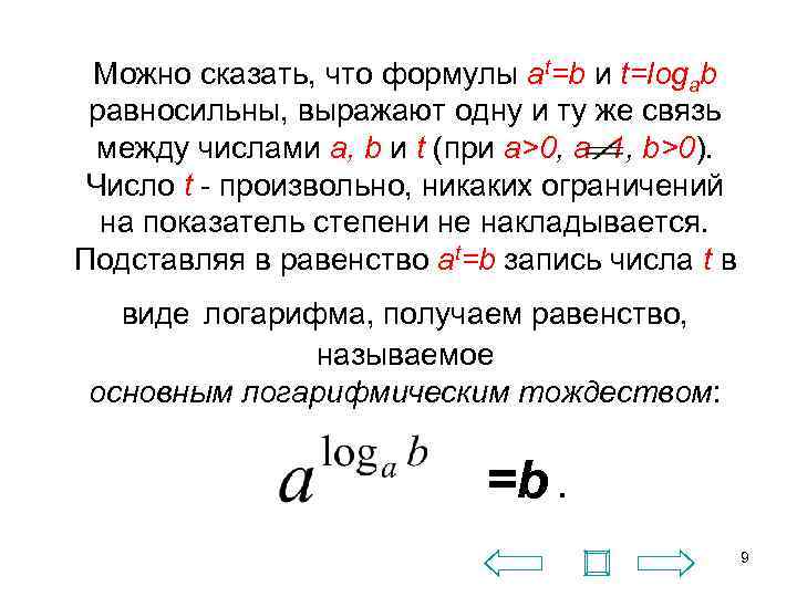 Можно сказать, что формулы at=b и t=logab равносильны, выражают одну и ту же связь