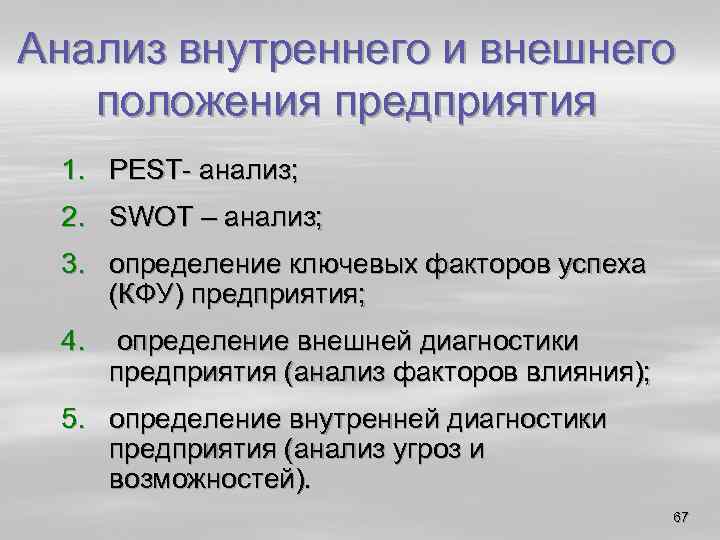 Анализ внутреннего и внешнего положения предприятия 1. PEST анализ; 2. SWOT – анализ; 3.