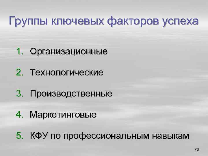 Группы ключевых факторов успеха 1. Организационные 2. Технологические 3. Производственные 4. Маркетинговые 5. КФУ