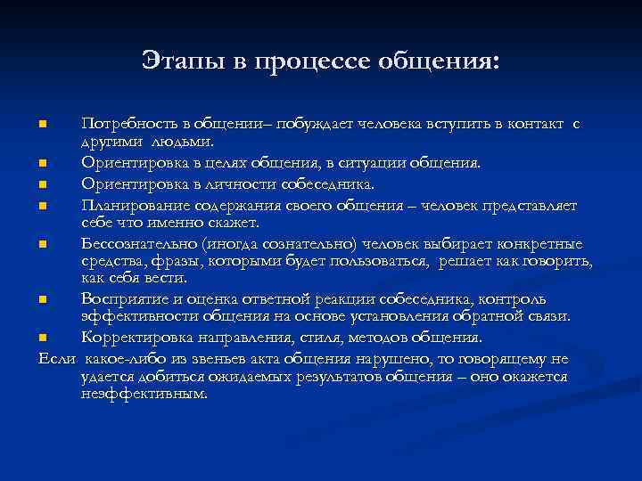 Этапы в процессе общения: Потребность в общении– побуждает человека вступить в контакт с другими