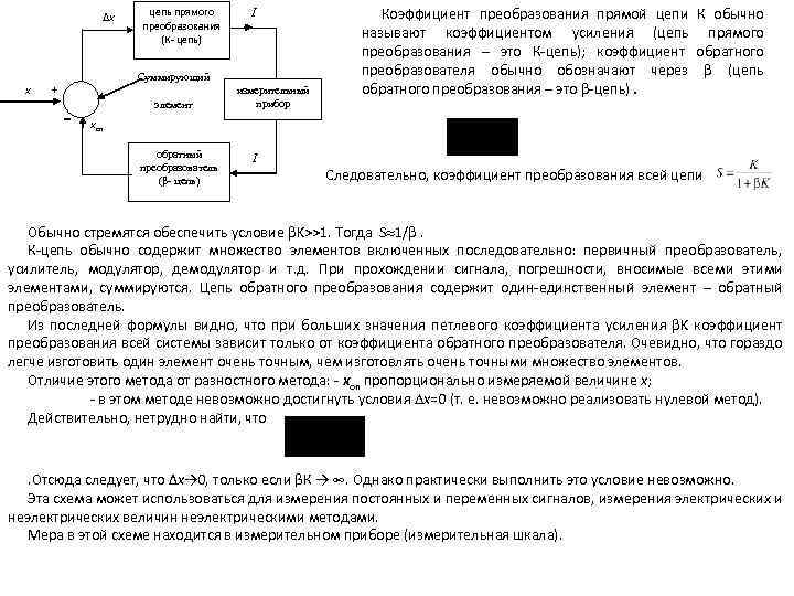Δх х цепь прямого преобразования (К- цепь) I Суммирующий + - элемент измерительный прибор