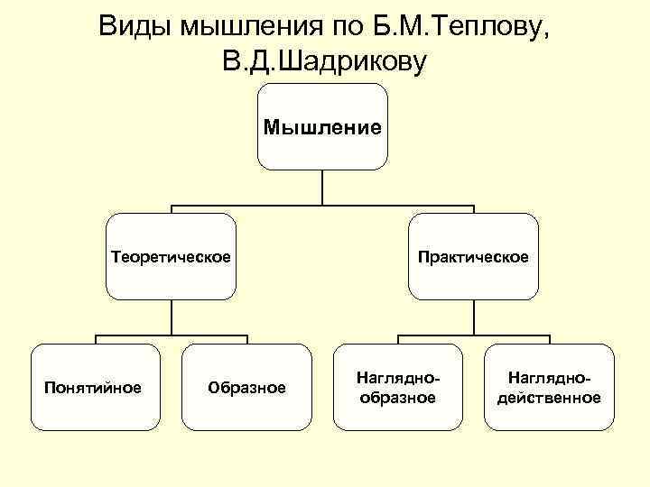 Виды мышления по Б. М. Теплову, В. Д. Шадрикову Мышление Теоретическое Понятийное Образное Практическое