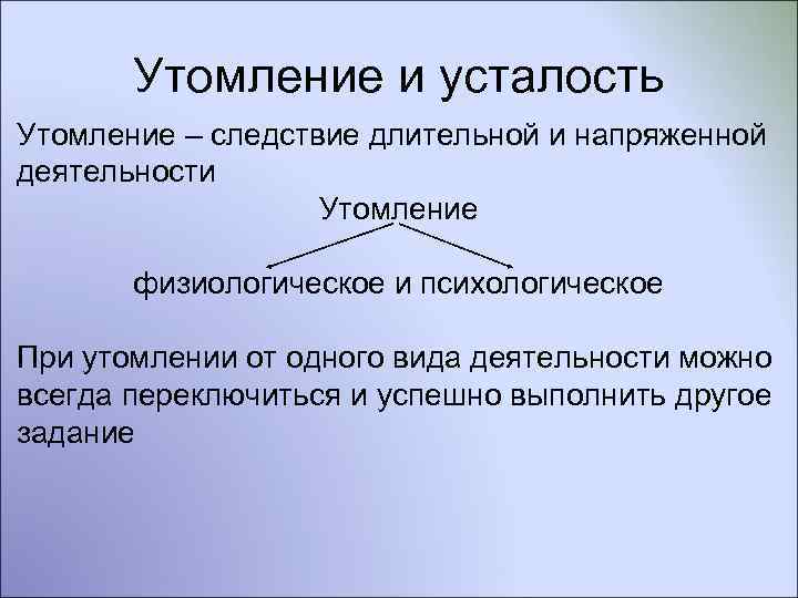  Утомление и усталость Утомление – следствие длительной и напряженной деятельности Утомление физиологическое и