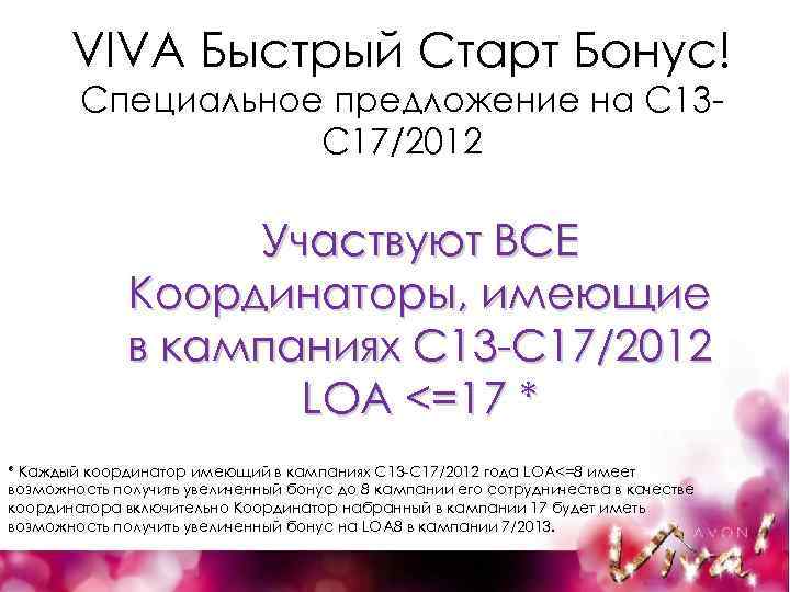 VIVA Быстрый Старт Бонус! Специальное предложение на С 13 С 17/2012 Участвуют ВСЕ Координаторы,