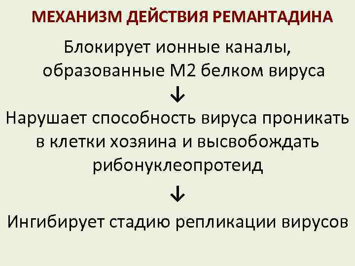 МЕХАНИЗМ ДЕЙСТВИЯ РЕМАНТАДИНА Блокирует ионные каналы, образованные М 2 белком вируса ↓ Нарушает способность