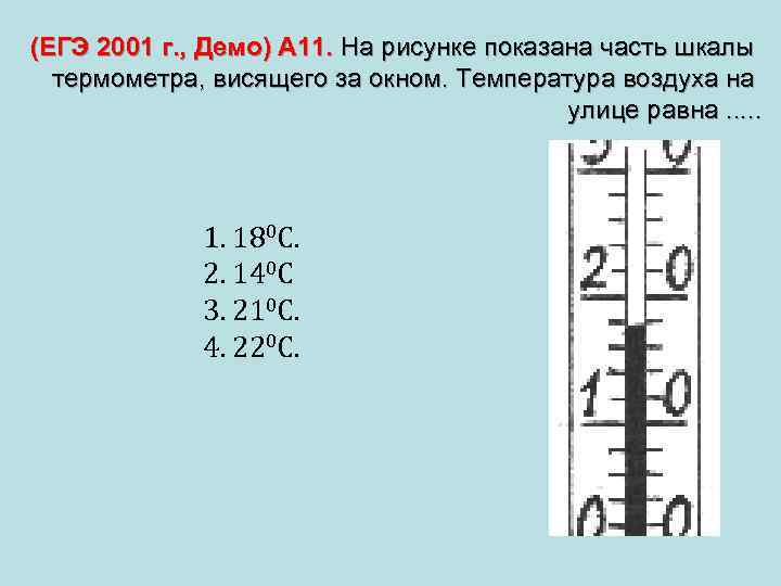 (ЕГЭ 2001 г. , Демо) А 11. На рисунке показана часть шкалы термометра, висящего