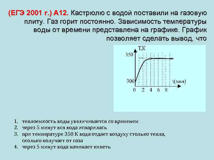 (ЕГЭ 2001 г. ) А 12. Кастрюлю с водой поставили на газовую плиту. Газ