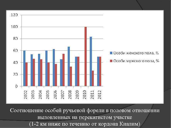 Соотношение особей ручьевой форели в половом отношении выловленных на перекатистом участке (1 -2 км