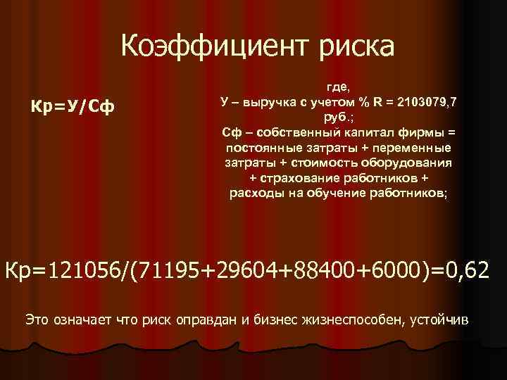 Коэффициент риска Кр=У/Cф где, У – выручка с учетом % R = 2103079, 7