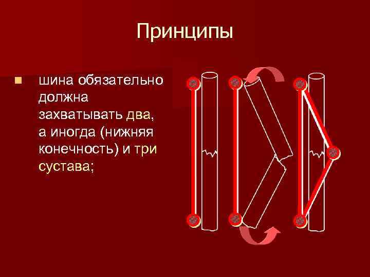 Принципы n шина обязательно должна захватывать два, а иногда (нижняя конечность) и три сустава;