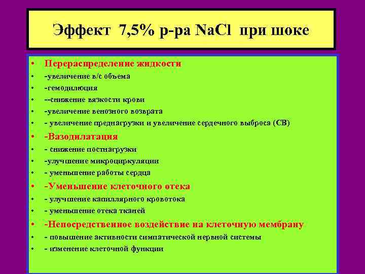 Эффект 7, 5% р-ра Na. Cl при шоке • Перераспределение жидкости • • •