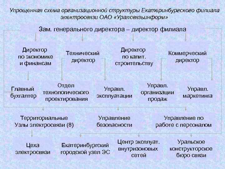 Упрощенная схема организационной структуры Екатеринбургского филиала электросвязи ОАО «Уралсвязьинформ» Зам. генерального директора – директор