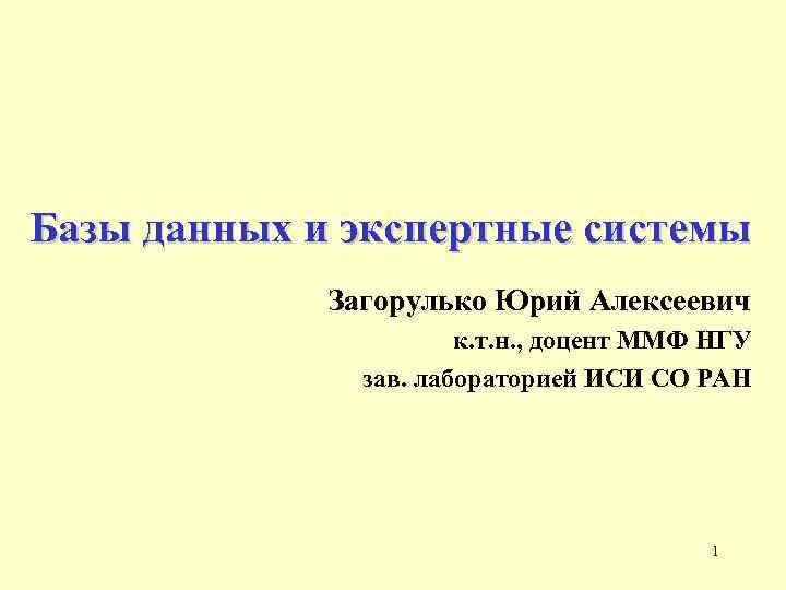 Базы данных и экспертные системы Загорулько Юрий Алексеевич к. т. н. , доцент ММФ