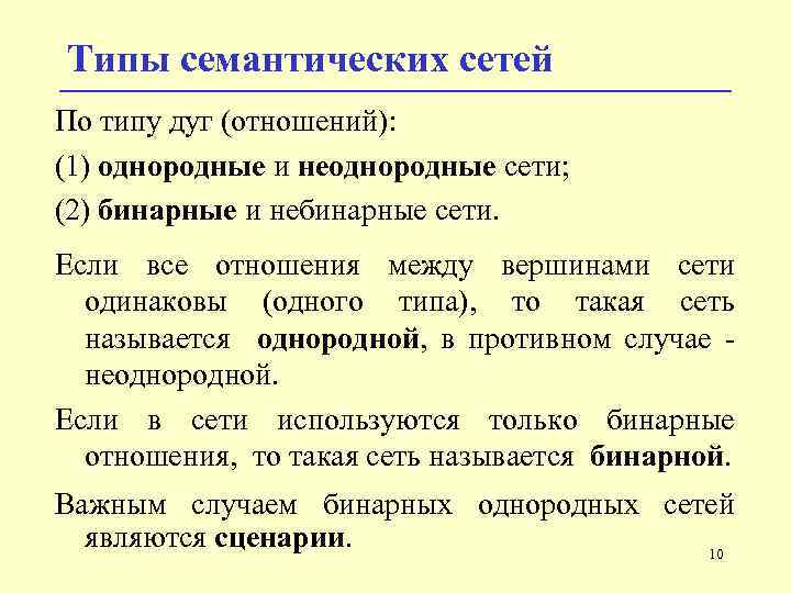 Типы семантических сетей По типу дуг (отношений): (1) однородные и неоднородные сети; (2) бинарные