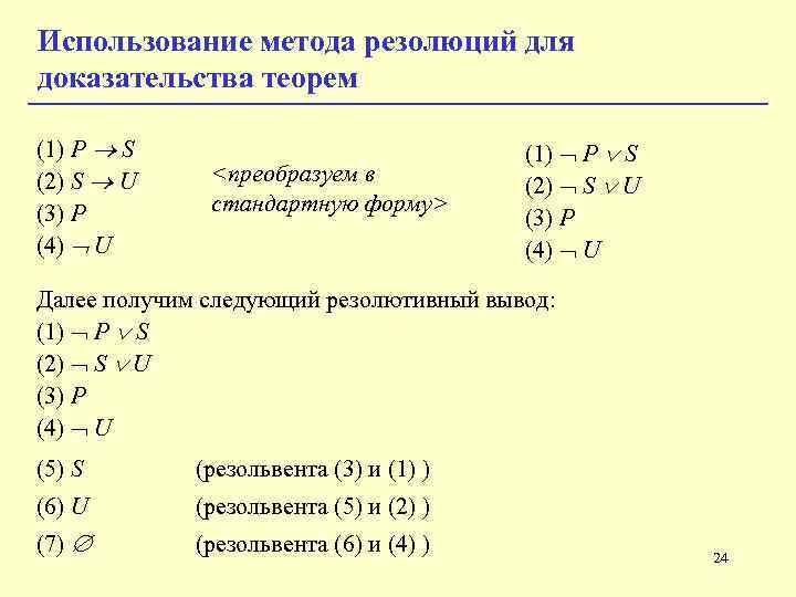 Использование метода резолюций для доказательства теорем (1) P S (1) P S (2) S Использование метода резолюций для доказательства теорем (1) P S (1) P S (2) S