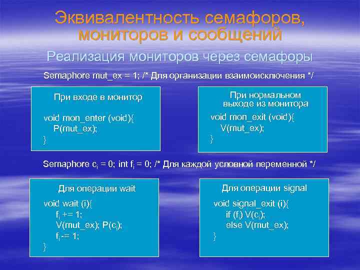 Эквивалентность семафоров, мониторов и сообщений Реализация мониторов через семафоры Semaphore mut_ex = 1; /*