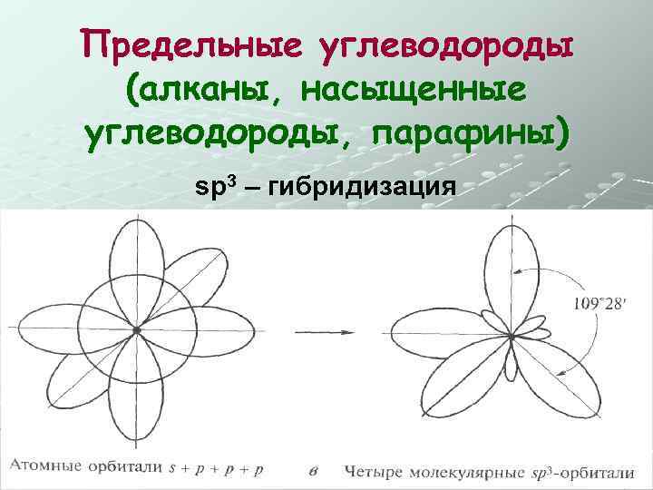 Предельные углеводороды (алканы, насыщенные углеводороды, парафины) sp 3 – гибридизация 