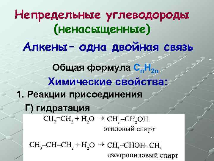 Непредельные углеводороды (ненасыщенные) Алкены – одна двойная связь Общая формула Сn. H 2 n