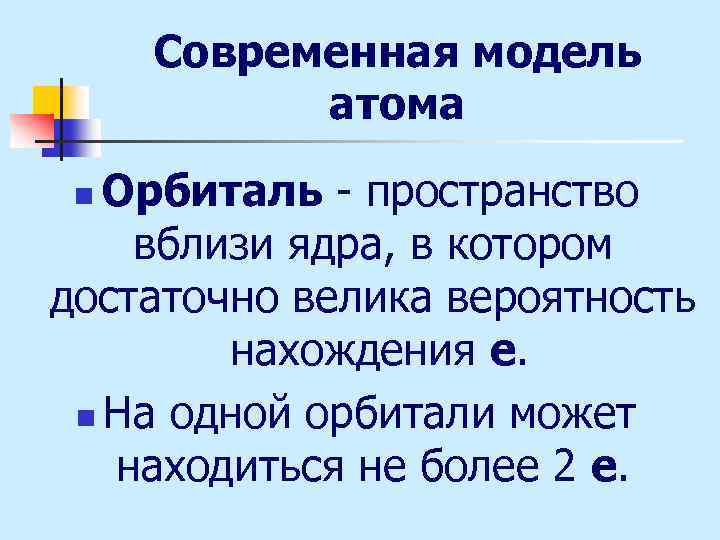 Современная модель атома Орбиталь - пространство вблизи ядра, в котором достаточно велика вероятность нахождения