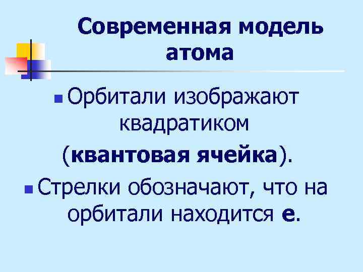 Современная модель атома Орбитали изображают квадратиком (квантовая ячейка). n Стрелки обозначают, что на орбитали