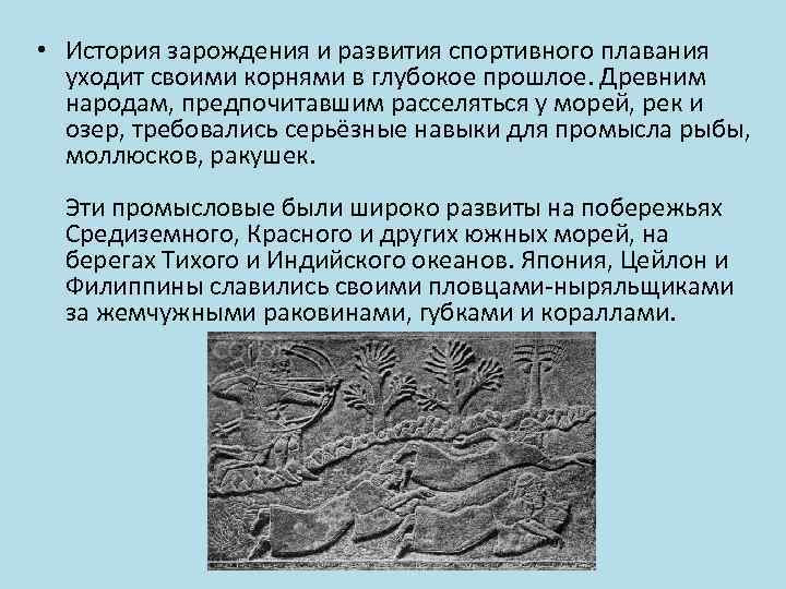  • История зарождения и развития спортивного плавания уходит своими корнями в глубокое прошлое.