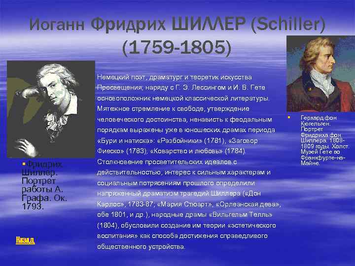 Иоганн Фридрих ШИЛЛЕР (Schiller) (1759 -1805) Немецкий поэт, драматург и теоретик искусства Просвещения; наряду