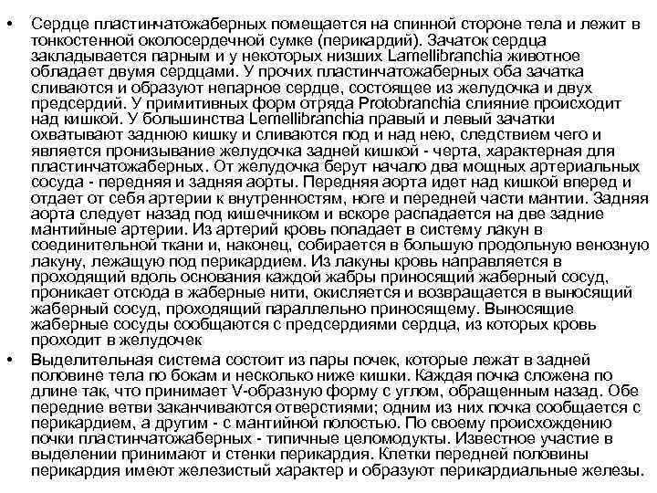  • • Сердце пластинчатожаберных помещается на спинной стороне тела и лежит в тонкостенной