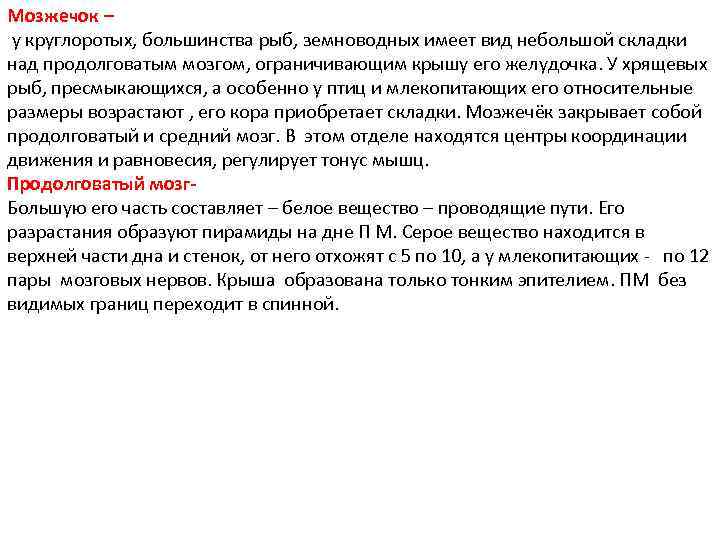 Мозжечок – у круглоротых, большинства рыб, земноводных имеет вид небольшой складки над продолговатым мозгом,