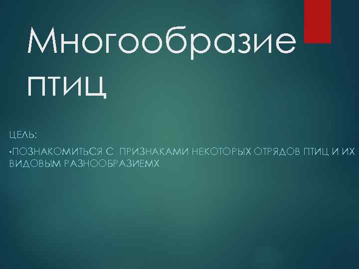 Многообразие птиц ЦЕЛЬ: • ПОЗНАКОМИТЬСЯ С ПРИЗНАКАМИ НЕКОТОРЫХ ОТРЯДОВ ПТИЦ И ИХ ВИДОВЫМ РАЗНООБРАЗИЕМХ