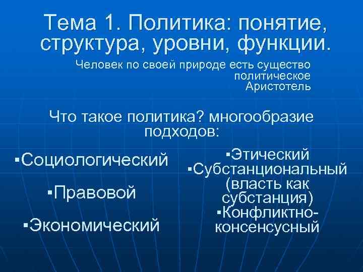 Тема 1. Политика: понятие, структура, уровни, функции. Человек по своей природе есть существо политическое