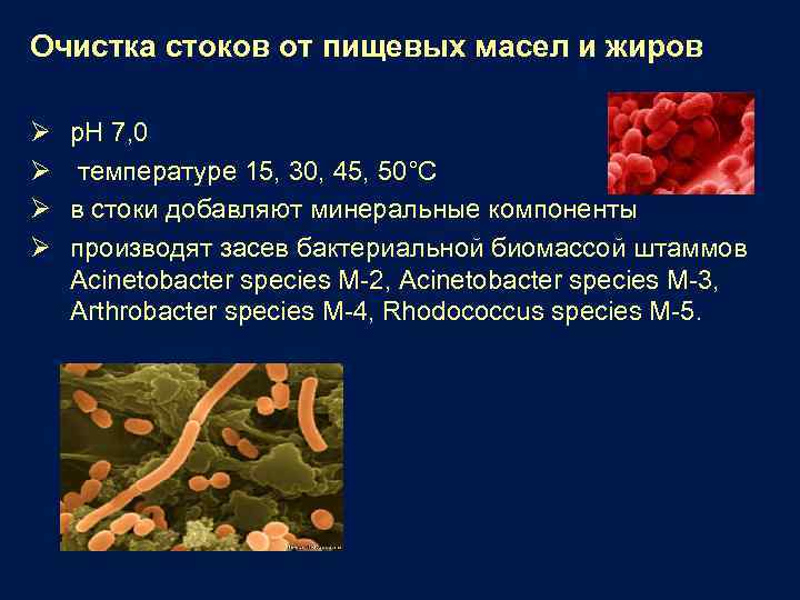 Очистка стоков от пищевых масел и жиров Ø Ø р. Н 7, 0 температуре