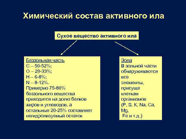 Химический состав активного ила Сухое вещество активного ила Беззольная часть С – 50 -52%;