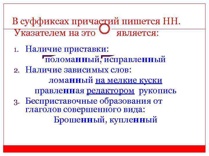 В суффиксах причастий пишется НН. Указателем на это является: 1. Наличие приставки: поломанный, исправленный