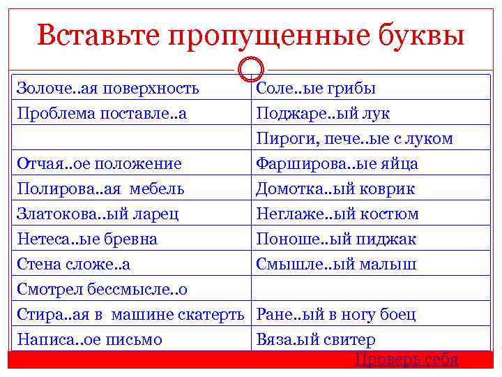 Вставьте пропущенные буквы Золоче. . ая поверхность Проблема поставле. . а Отчая. . ое