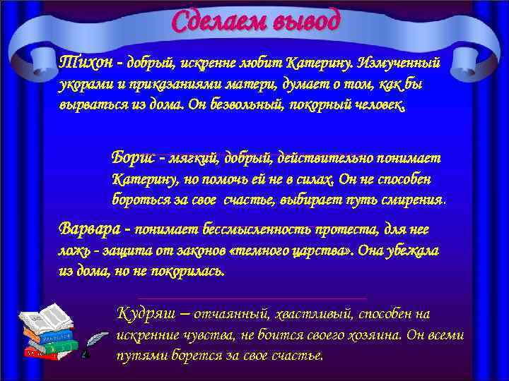  Сделаем вывод Тихон - добрый, искренне любит Катерину. Измученный укорами и приказаниями матери,