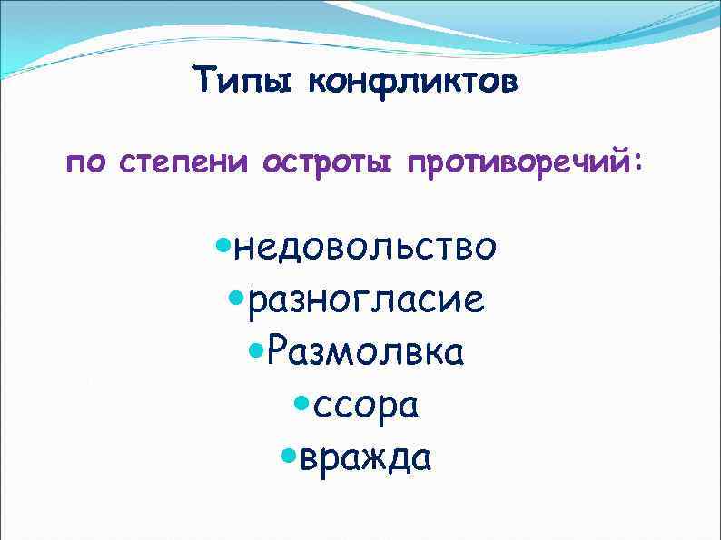 Типы конфликтов по степени остроты противоречий: недовольство разногласие Размолвка ссора вражда 