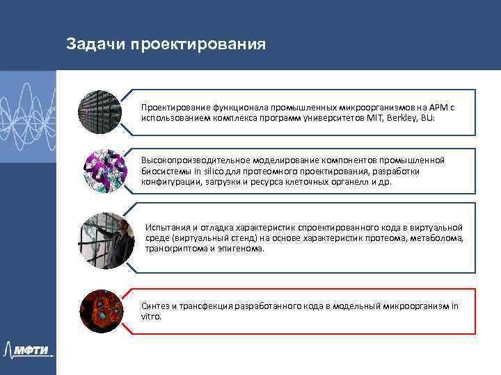 Задачи проектирования Проектирование функционала промышленных микроорганизмов на АРМ с использованием комплекса программ университетов MIT,