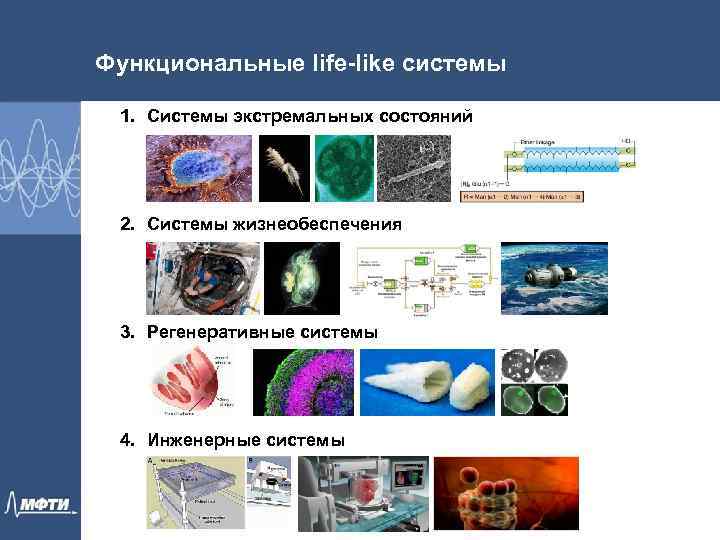 Функциональные life-like системы 1. Системы экстремальных состояний 2. Системы жизнеобеспечения 3. Регенеративные системы 4.