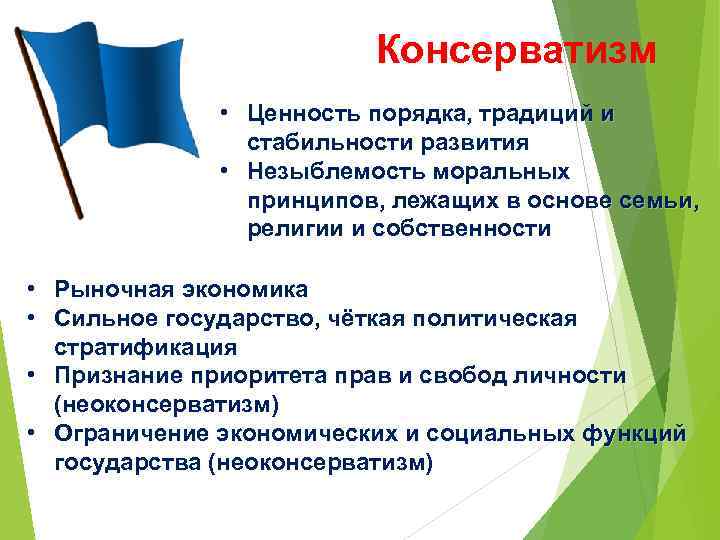 Консерватизм • Ценность порядка, традиций и стабильности развития • Незыблемость моральных принципов, лежащих в