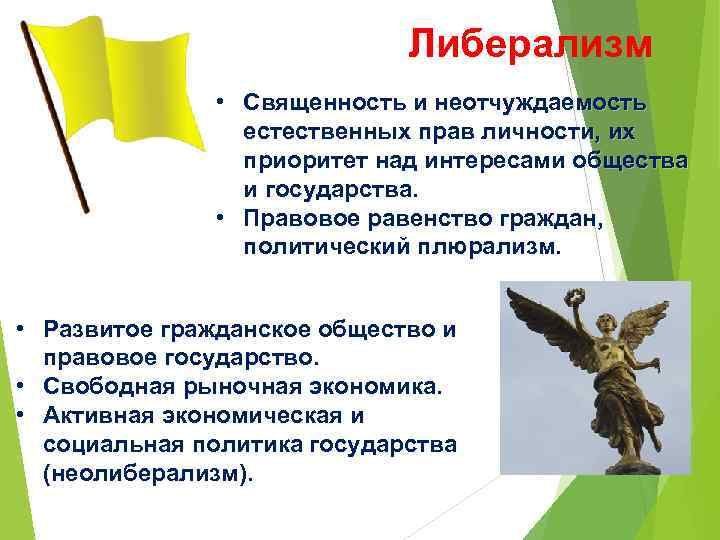 Либерализм • Священность и неотчуждаемость естественных прав личности, их приоритет над интересами общества и