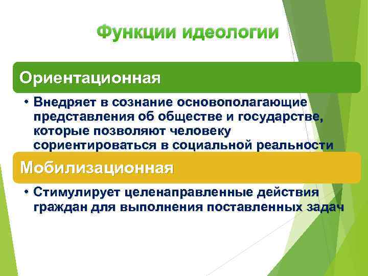 Функции идеологии Ориентационная • Внедряет в сознание основополагающие представления об обществе и государстве, которые