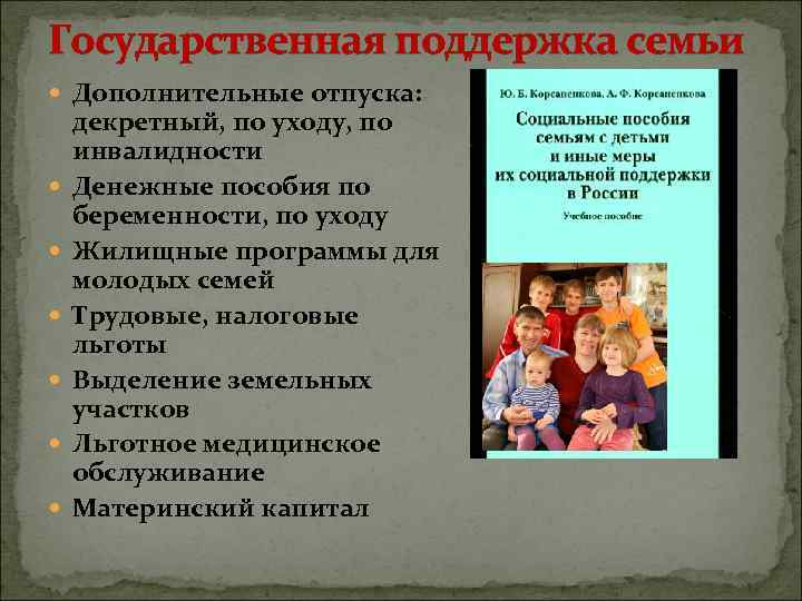 Государственная поддержка семьи Дополнительные отпуска: декретный, по уходу, по инвалидности Денежные пособия по беременности,