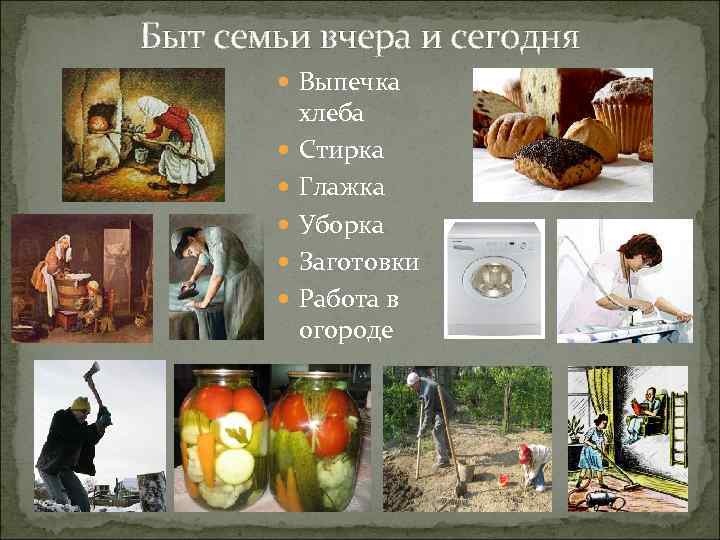 Быт семьи вчера и сегодня Выпечка хлеба Стирка Глажка Уборка Заготовки Работа в огороде