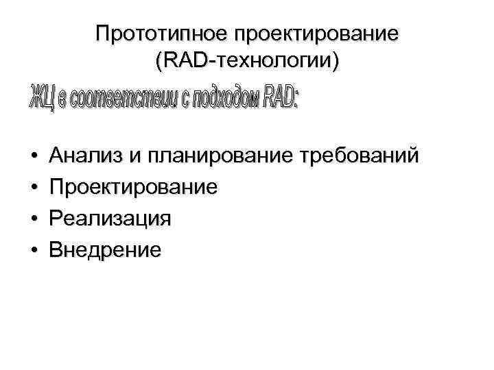 Прототипное проектирование (RAD-технологии) • • Анализ и планирование требований Проектирование Реализация Внедрение 