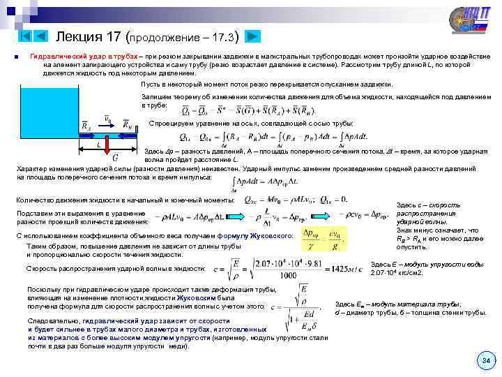 Лекция 17 (продолжение – 17. 3) ■ Гидравлический удар в трубах – при резком