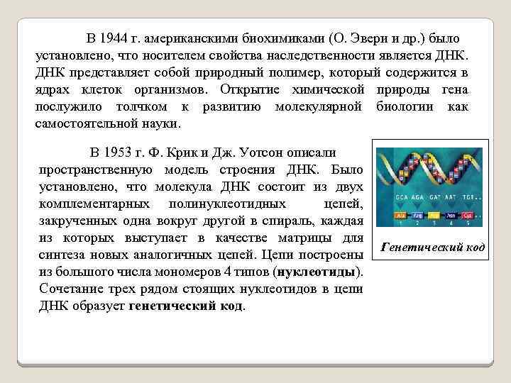 В 1944 г. американскими биохимиками (О. Эвери и др. ) было установлено, что носителем